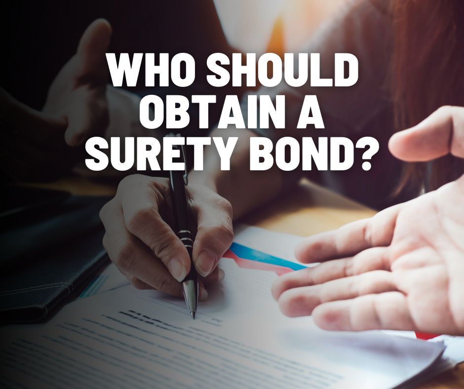 Who should obtain a surety bond? - A three parties signing a contract at the office.